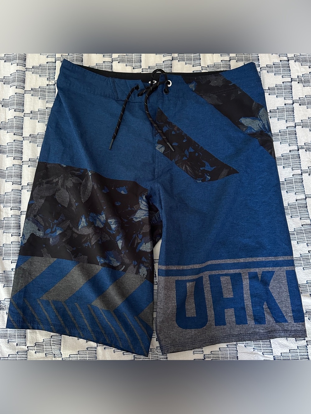 Oakley Blue Black Graphic Swim Trunks